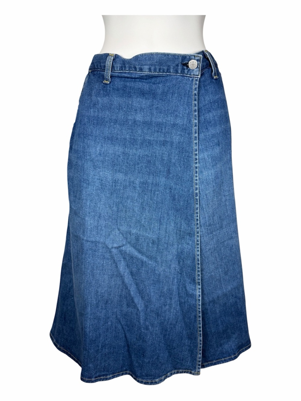 AMO Denim Wrap Skirt Midi Marie  Wistful Medium Wash S Made in USA Stretch Blue